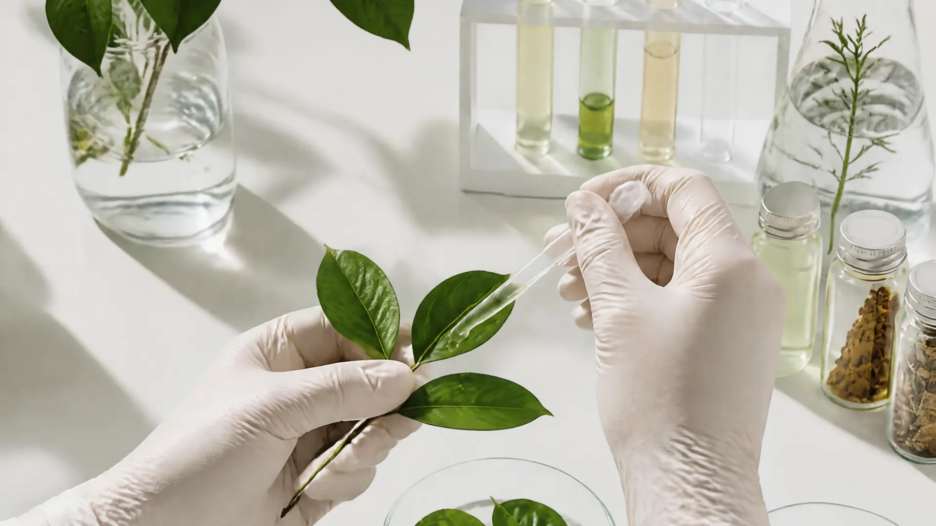 Científico examinando hojas junto a una placa de cromatografía y extractos vegetales