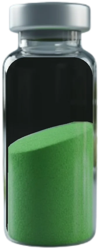 Frasco com um bioativo em pó verde