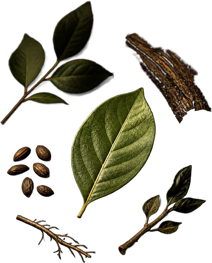 Folhas, casca e sementes de plantas candidatas