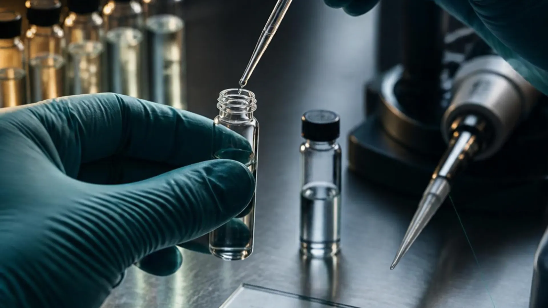 Cientista transferindo um extrato vegetal para um frasco no laboratório
